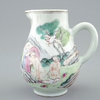 A Chinese famille rose export porcelain milk or cream jug with Leda and the swan, Qianlong, ca. 1740