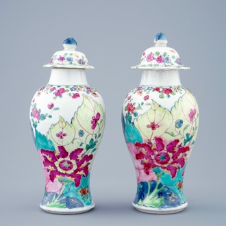 A pair of Chinese famille rose vases with “tobacco leaf” design, Qianlong, 18th C.