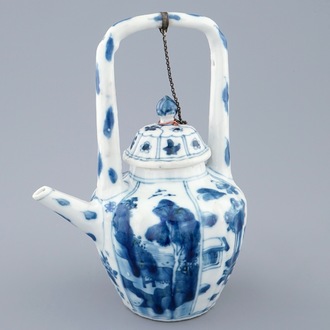 A blue and white Chinese gate-handled teapot and cover, Kangxi