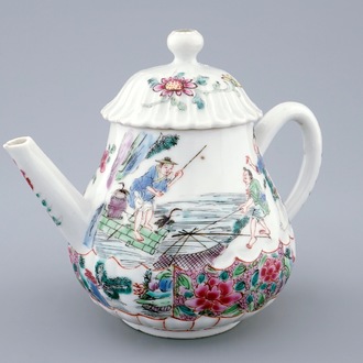A fine Chinese famille rose teapot and cover with a fishing scene, Yongzheng, 1723-1735