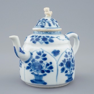 A blue and white Chinese lotus shape moulded teapot and cover, Kangxi