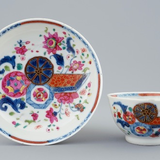 A Chinese famille rose cup and saucer with pseudo tobacco leaf design, Qianlong, 18th C.
