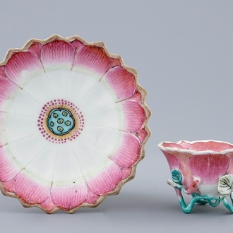 A Chinese famille rose lotus-shaped cup and saucer, Yongzheng, 1723-1735