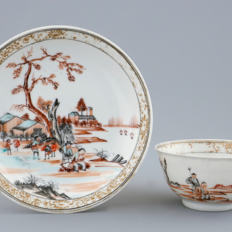 A Chinese export porcelain European subject cup and saucer, Yongzheng/Qianlong