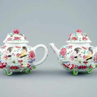 A pair of Chinese famille rose "rooster" teapots with applied lotus stems, Yongzheng, 1723-1735