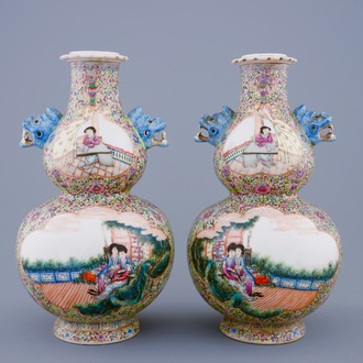 A pair of Chinese famille rose double gourd vases, Republic, 20th C.