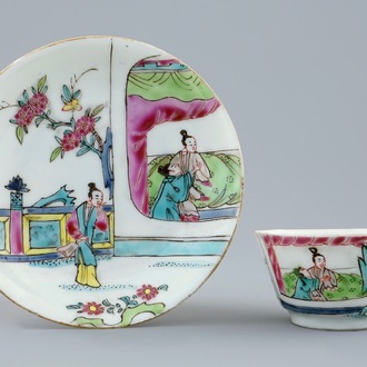 A Chinese famille rose semi-eggshell cup and saucer "The Romance of the Western Chamber", Yongzheng, 1723-1735