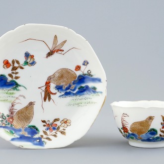 Une tasse et soucoupe en porcelaine de Chine semi-coquille d'oeuf à décor de cailles, Yongzheng/Qianlong
