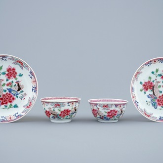 A pair of Chinese famille rose cups and saucers with pheasants, Yongzheng, 1723-1735, 18th C.