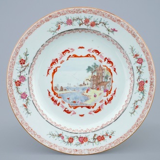 A Chinese famille rose and gilt Meissen style landscape plate, Qianlong, 18th C.