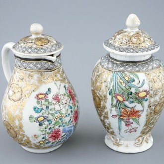 A Chinese grisaille and gilt tea caddy and a covered jug, Yongzheng, 1723-1735