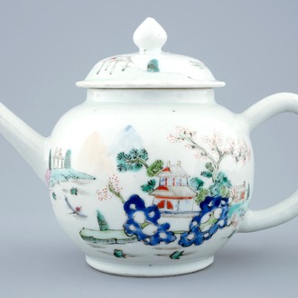 A Chinese famille rose teapot and cover with a fine landscape, Qianlong, 18th C.