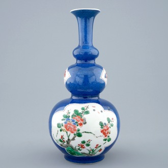 A Chinese famille verte powder blue triple gourd vase, Kangxi