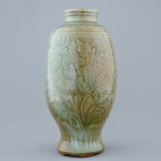 A Chinese incised Longquan celadon vase, Ming Dynasty