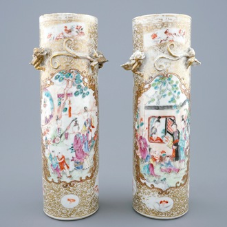 A pair of Chinese famille rose mandarin sleeve vases, Qianlong, 18th C.