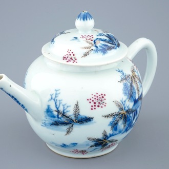 An overdecorated blue and white Chinese teapot and cover, Qianlong, 18th C.