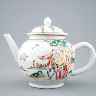 A Chinese famille rose European subject porcelain teapot with Sailor’s Farewell, Qianlong, 18th C.
