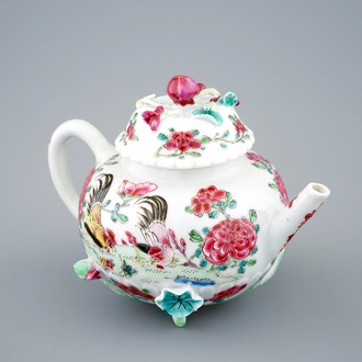 A Chinese famille rose "rooster" teapot with applied lotus stems, Yongzheng, 1723-1735