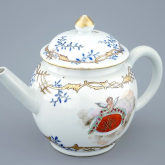 A Chinese export porcelain monogrammed teapot and cover with a putto, Qianlong, 18th C.