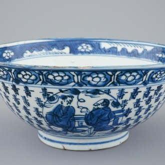 A blue and white Chinese bowl with Shou Lao on a crane, Transitional period, 1620-1683