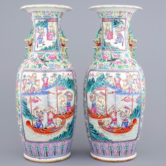 A pair of tall Chinese famille rose vases, 19th C.