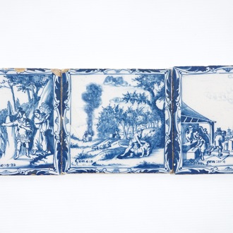 A set of three fine Dutch Delft blue and white biblical tiles, 18th C.