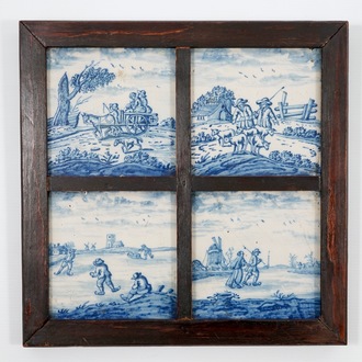 Un lot de quatre carreaux en faïence de Delft bleu et blanc à décor "air ouvert", 18ème