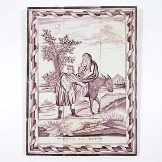 A manganese Dutch Delft tile mural of The Flight into Egypt, 19th C.