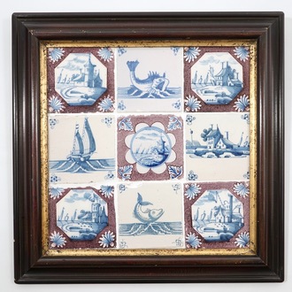 A set of nine framed Dutch Delft tiles, 18th C.