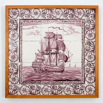 A manganese Dutch Delft tile panel with a ship, 18th C.