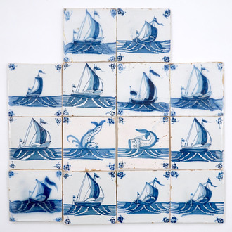 14 blue and white Delft tiles with boats and sea creatures, 18th C.