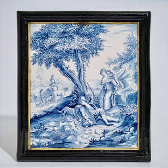 A rare large rectangular black-enhanced Dutch Delft plaque, 18th C.