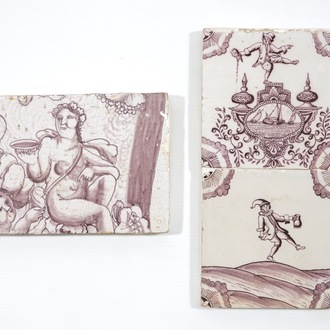 Three manganese Dutch Delft tiles incl. two Rotterdam magito tiles and a rectangular Bacchus tile, 18th C.