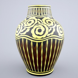 A large Charles Catteau vase for Boch Keramis, yellow floral design on a black ground, ca. 1924