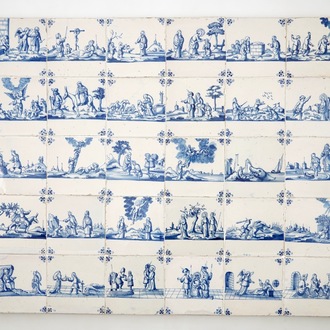 A panel of 30 blue and white Dutch Delft tiles, Rotterdam, late 17th C.
