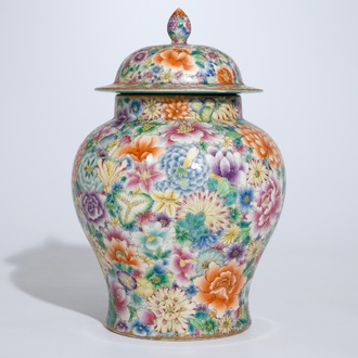 A Chinese millefleurs famille rose vase and cover, Qianlong mark, 20th C.