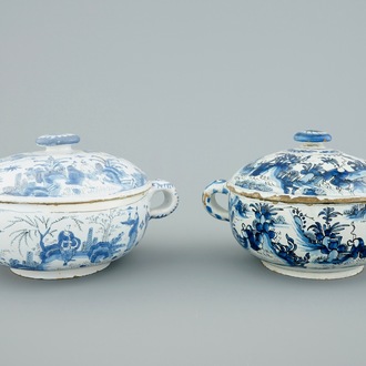 Two Dutch Delft blue and white spiced wine bowls and covers, late 17th C.