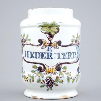 A polychrome Dutch Delft albarello-shaped pharmacy jar, 18th C.