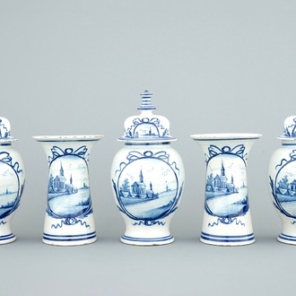 A Dutch Delft five-piece vase garniture with landscape scenes, 18th C.