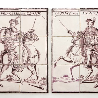 A pair of manganese Dutch Delft tile panels with royals on horsebacks, late 18th C.