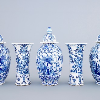 A blue and white five-piece garniture in Dutch Delft style, Samson, Paris, 19th C.