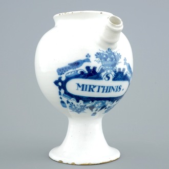 A Dutch Delft blue and white wet drug jar "S. Mirthinis", 18th C.