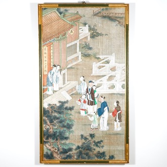 A framed Chinese silk painting of a court scene, 18/19th C.