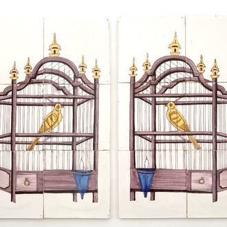 A pair of polychrome Dutch Delft tile panels with canaries in a cage, 18/19th C.