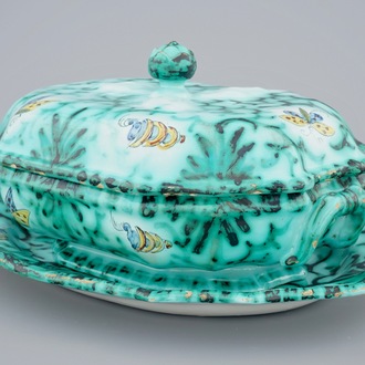 A Brussels faience tureen and cover on stand with butterflies and caterpillars, 18th C.