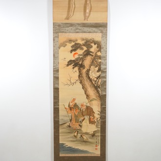 A large Japanese scroll painting in a wooden box, 19/20th C.