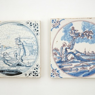 Two rare early Dutch Delft blue and white biblical tiles, late 17/early 18th C.