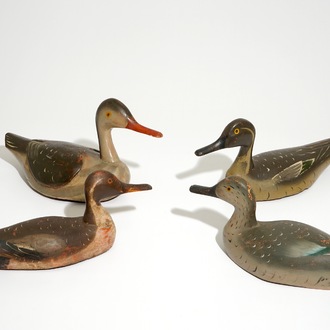 A set of four painted wood decoy ducks, 19th C.