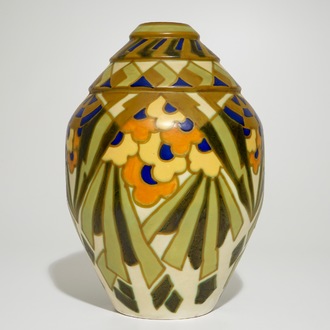 A tall matte glazed geometric vase, Jules Chaput & Charles Catteau for Boch Frères Keramis, ca. 1929