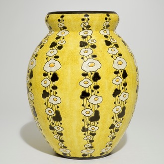 A tall yellow ground crackle glazed vase, Charles Catteau for Boch Frères Keramis, ca. 1925-1930
